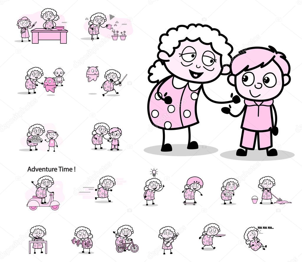 Concepts with Old Granny Character - Various Retro Vector illust