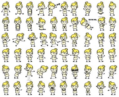 Çeşitli Vintage Genç Kız Pozisyonları - Konseptler kümesi Vektör çizimi