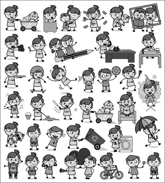 复古漫画少女-一套概念矢量插图 — 图库矢量图片