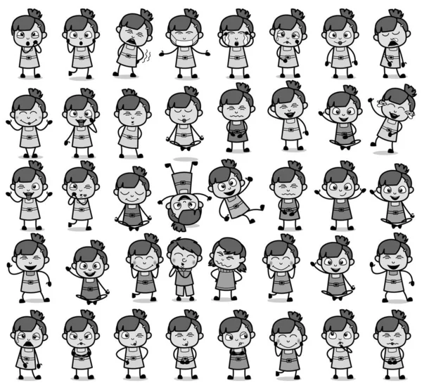 Black and White Comic Young Girl Poses - Set of Concepts Vector — 스톡 벡터