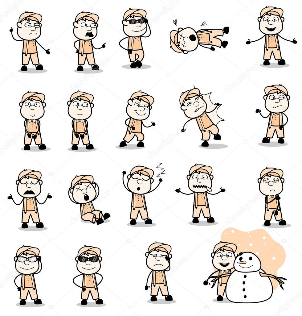 Funny Vintage Carpenter Character Poses - Set of Concepts Vector