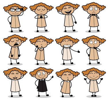 Retro Office Kadın Pozisyonları Çizim Sanatı - Kavram Vektörü 