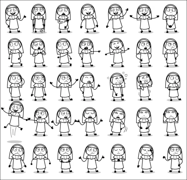 Poses de personnage de dame de nonne de bande dessinée rétro - Ensemble de concepts vectoriel — Image vectorielle