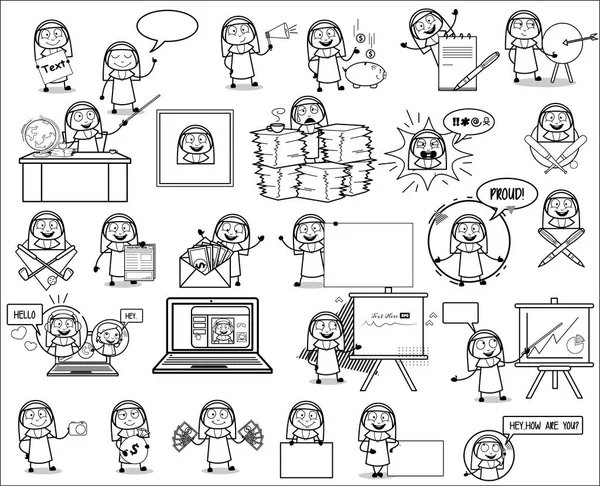 Concepten van Retro Cartoon Nun Lady - Set van verschillende concepten Vec — Stockvector