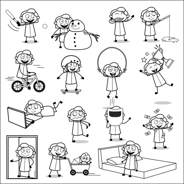 Retro Office Girl - Conjunto de ilustraciones vectoriales de conceptos de dibujo — Vector de stock