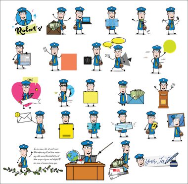 Funny Postman Character - Set of Concepts Vector illustrations clipart