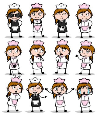 Poses of Comic Waitress - Set of Concepts Vector illustrations