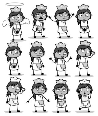 Black and White Cartoon Waitress - Set of Concepts Vector illust