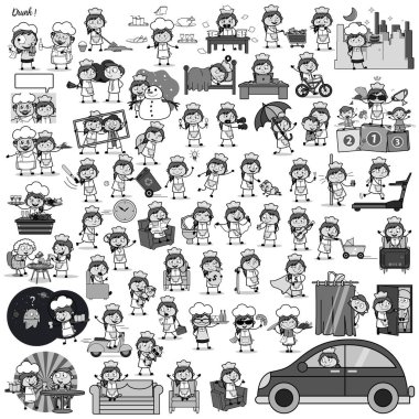 Retro Cartoon Waitress - Set of Concepts Vector illustrations