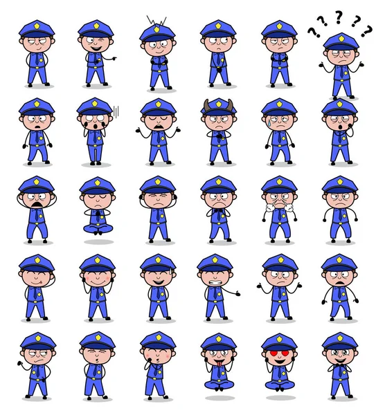 Poses of Young Cartoon Policeman Cop - Set of Concepts Vector il — Stock Vector