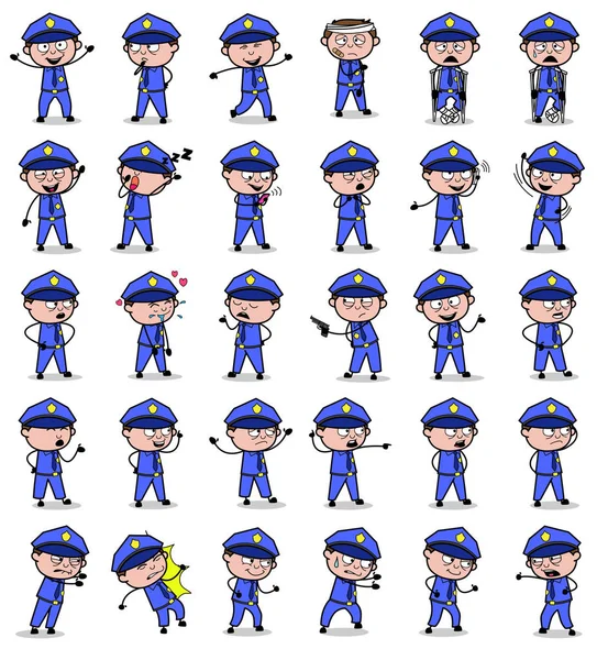 Varios Poses of Comic Policeman Cop - Conjunto de conceptos Vector il — Archivo Imágenes Vectoriales