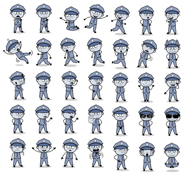 Various Vintage Comic Policeman Cop Poses - Set of Concepts Vect — 스톡 벡터