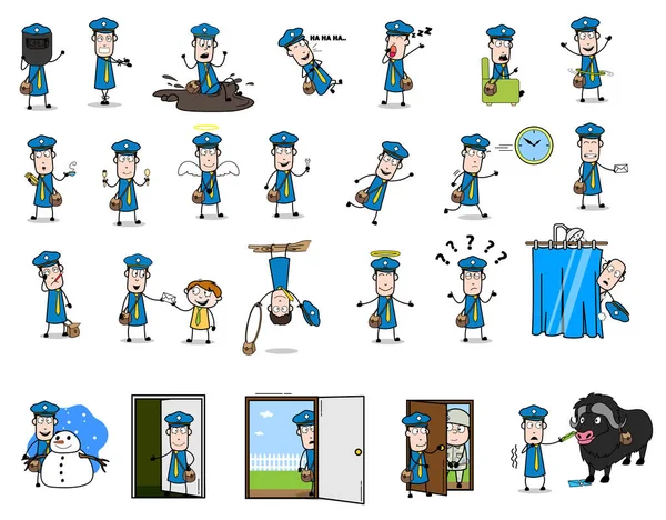 Cartoon Postman Character - Set di concetti retrò vettoriale illustr — Vettoriale Stock