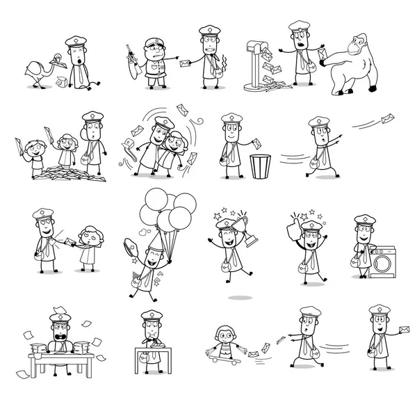 Retro Sketching of Comic Postman - Set of Concepts Vector illust — Stok Vektör