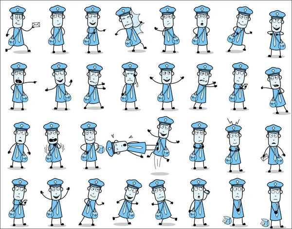 Cartoon Vintage Postman Character Poses - Set of Concepts Vector — 스톡 벡터