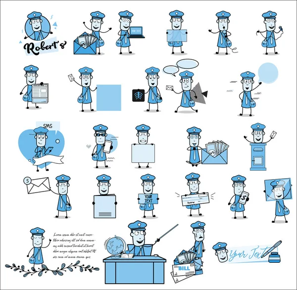 Vintage Postman with Many Concepts - Set of Comic Vector illustr — Stock Vector