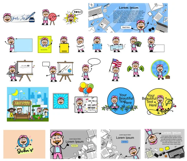 Divertido vendedor de dibujos animados con muchos conceptos - Conjunto de diferentes Vecto — Vector de stock