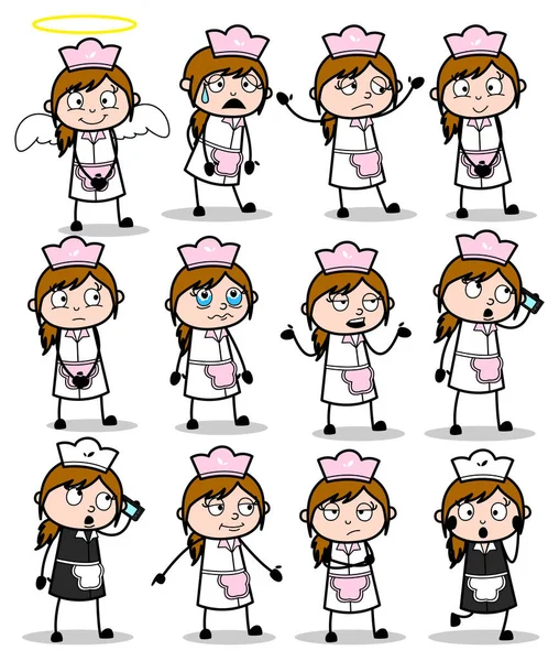 Cartoon Waitress Poses - Set of Concepts Vector illustrations — Stock Vector