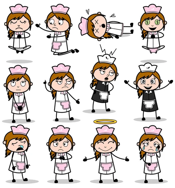 Comic Waitress Poses - Conjunto de conceptos ilustraciones vectoriales — Vector de stock