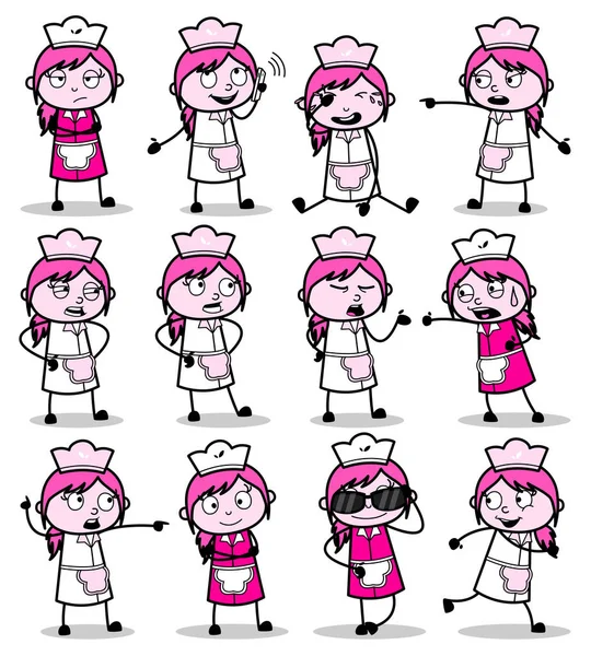 Various Comic Waitress Poses - Set of Concepts Vector illustrati — ストックベクタ
