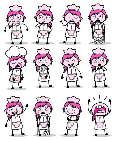 Vintage Comic Poses of Waitress - Set of Concepts Vector illustr — Διανυσματικό Αρχείο