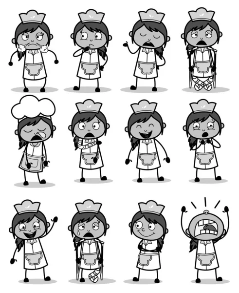 Various Comic Female Waitress Poses - Set of Concepts Vector ill — Stock vektor