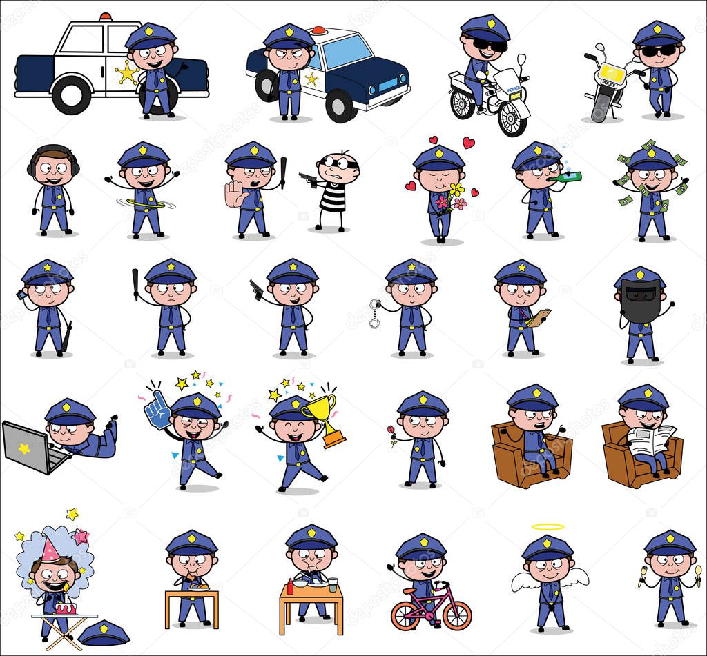Cartoon Policeman Cop - Set of Concepts Vector illustrations