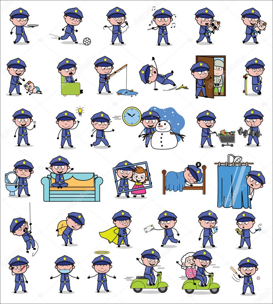 Comic Policeman Cop Character - Set of Concepts Vector illustrat
