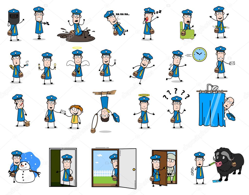 Cartoon Postman Character - Set of Retro Concepts Vector illustr