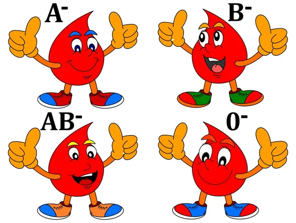 Smiling drop of blood with thumbs-up by blood groups — Stock Vector