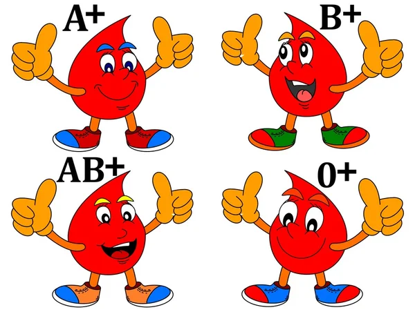 Smiling drop of blood with thumbs-up by blood groups — Stock Vector