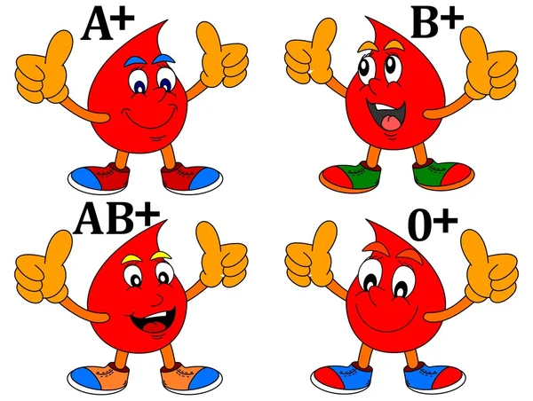 Gota sorridente de sangue com polegares para cima por grupos sanguíneos — Vetor de Stock