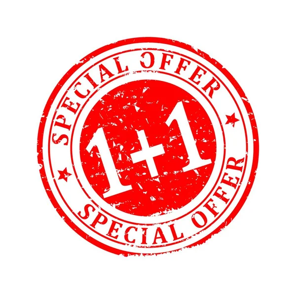 Carimbo redondo vermelho riscado com a inscrição - Oferta especial 1 + 1 - Vetor —  Vetores de Stock