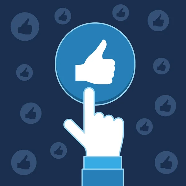 Hand genom att trycka på gilla-knappen, sociala media business illustration — Stock vektor