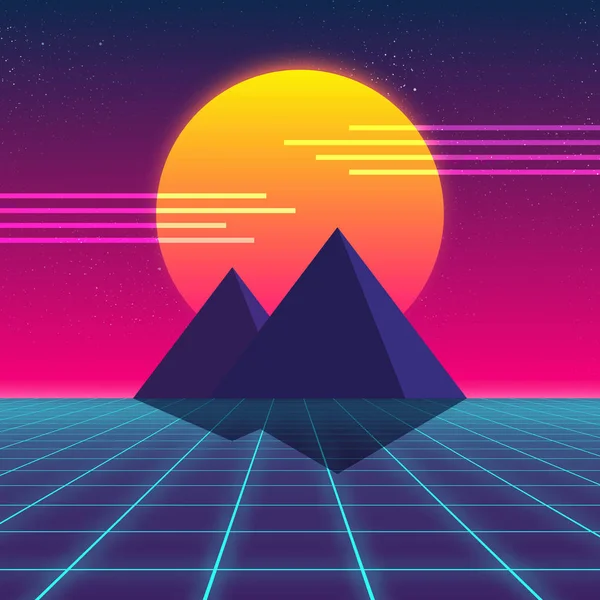 Synthwave retro design, Pyramids and sun, illustration — Stock Vector