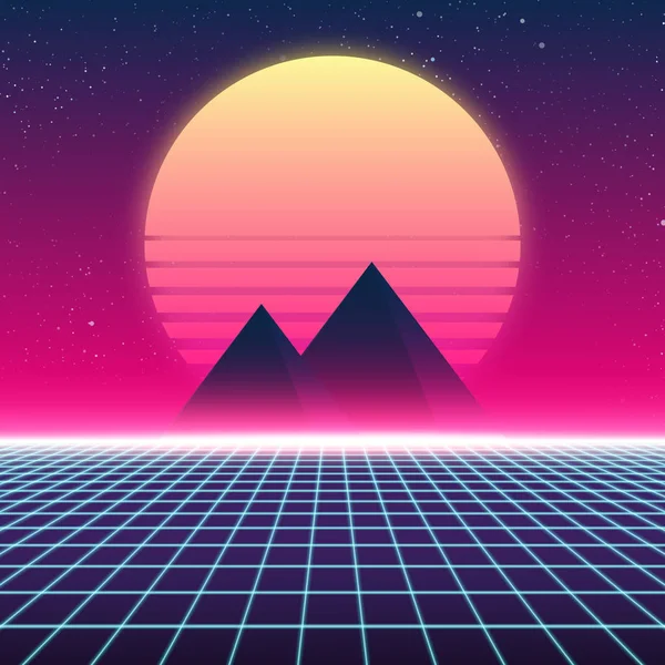 Synthwave retrodesign, pyramider och solen, illustration — Stock vektor