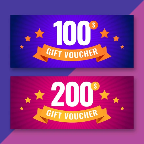 Modèle de bon cadeau, coupons de 100 et 200 dollars — Image vectorielle