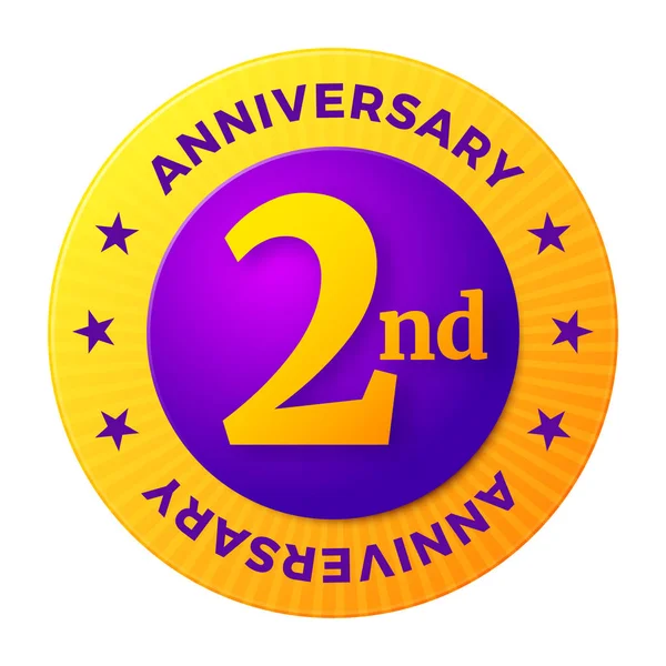 Second Anniversary badge, gold celebration label, — Stock Vector