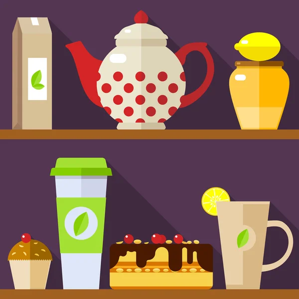Tea, cup, honey, muffin and cake. Vector illustration flat. — Stockový vektor