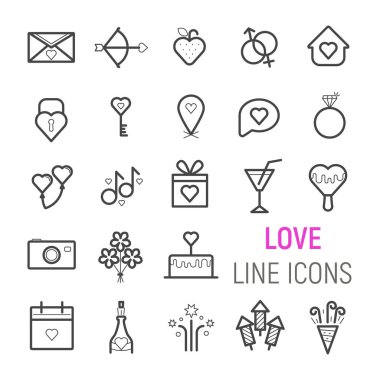 Evlilik, aşk, Sevgililer günü, Icons set. Vektör düz çizgi resimler.