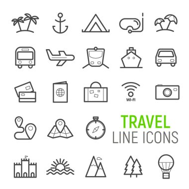Icons set seyahat. Vektör düz çizgi resimler.