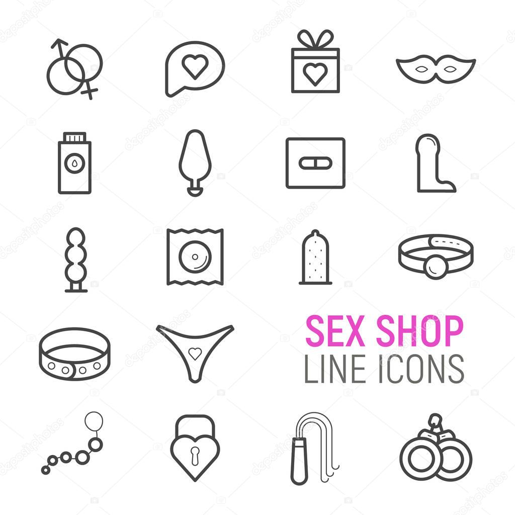 Sex shop icons set. Vector flat line illustrations.