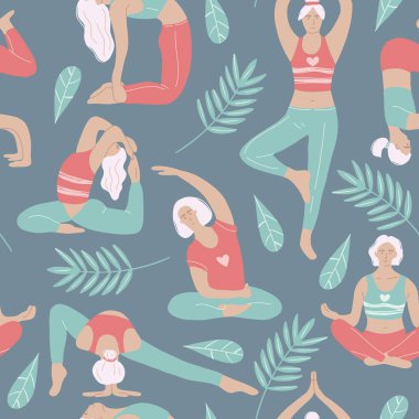 Yoga seti farklı pozlarda kadınlarla. Dünya Sağlık Günü. Sağlıklı bir yaşam tarzı. Yoga sınıfında vektör illüstrasyonu. Renkli vektörsüz desen.