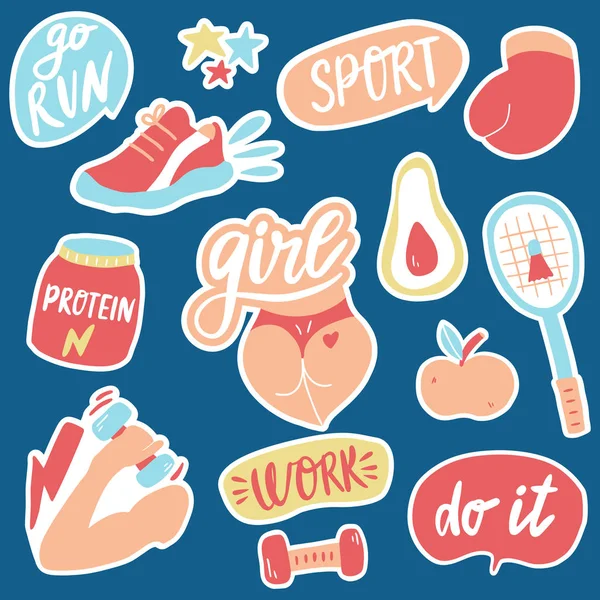 Elementy fitness, motywacyjne kolekcje naklejek sportowych w stylu doodle. Ilustracja ręcznie rysowana. — Wektor stockowy