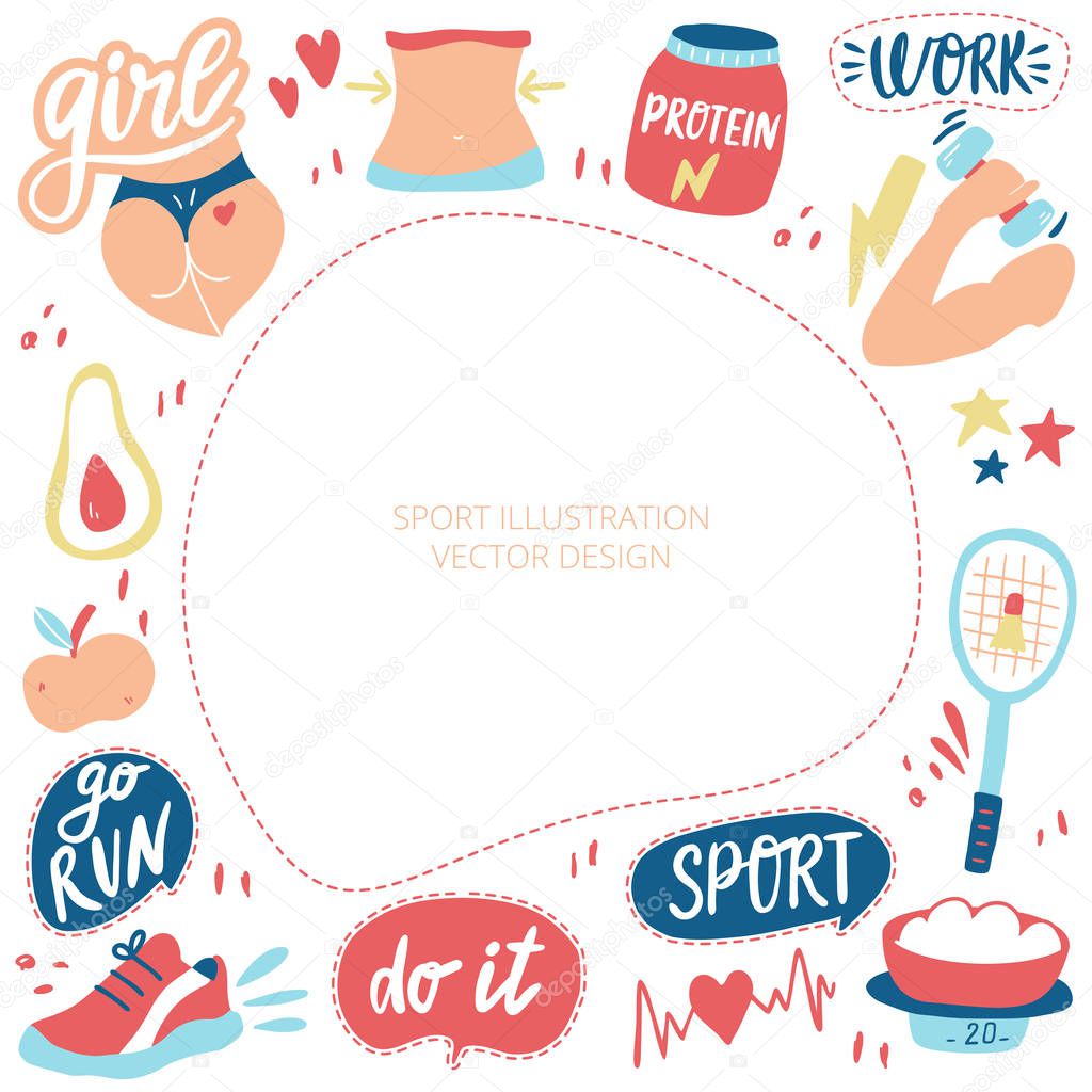 Template with motivational elements of sport and fitness. Doodle style stickers. Hand drawn illustration.