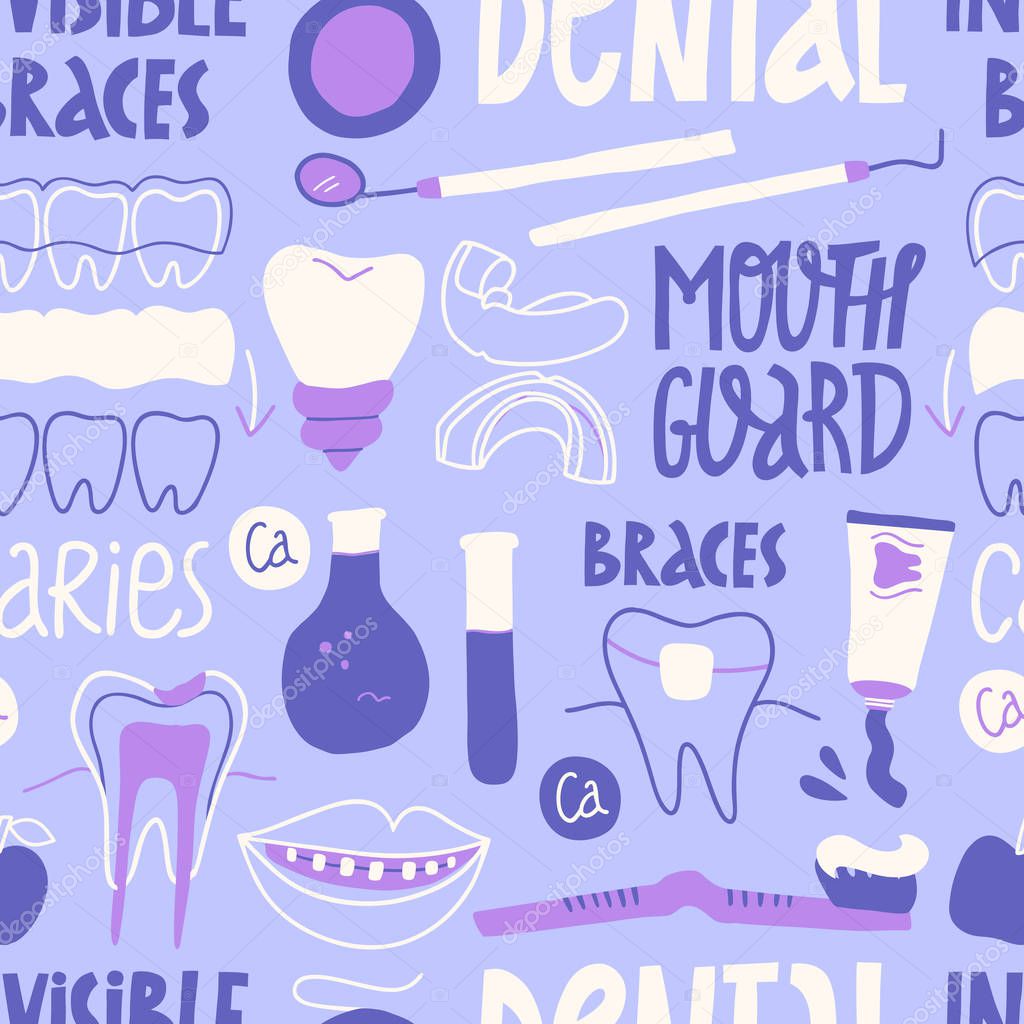 Dental seamless pattern. Mouthguard. Orthodontic silicone trainer. Invisible braces aligner. Human teeth or dentures. Hand-drawn cartoon illustration.