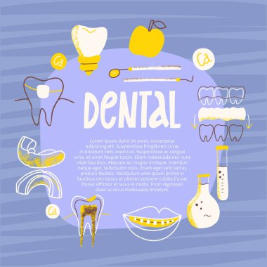 Diş konsepti geçmişi. Kartlar, afişler ve posterler için şablonlar. Çizgi film illüstrasyonu.