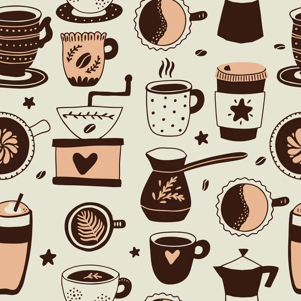 コーヒーのシームレスなパターン。ホットドリンクのセット-コーヒーメーカー、カップ、豆、グラインダー。レストランやカフェメニュー、ショップ包装紙の背景。ベクトル手描きイラスト. — ストックベクタ