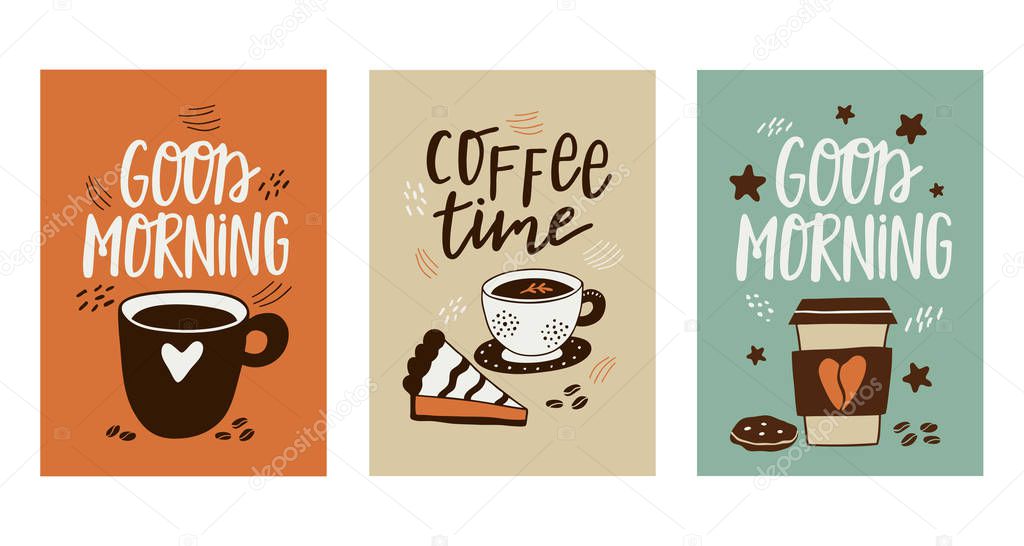 Vector set of cards with coffee. Templates with grinder, cup and cake with smear for flyers, banners, invitations, restaurant or cafe menu design. Hand-drawn illustration.