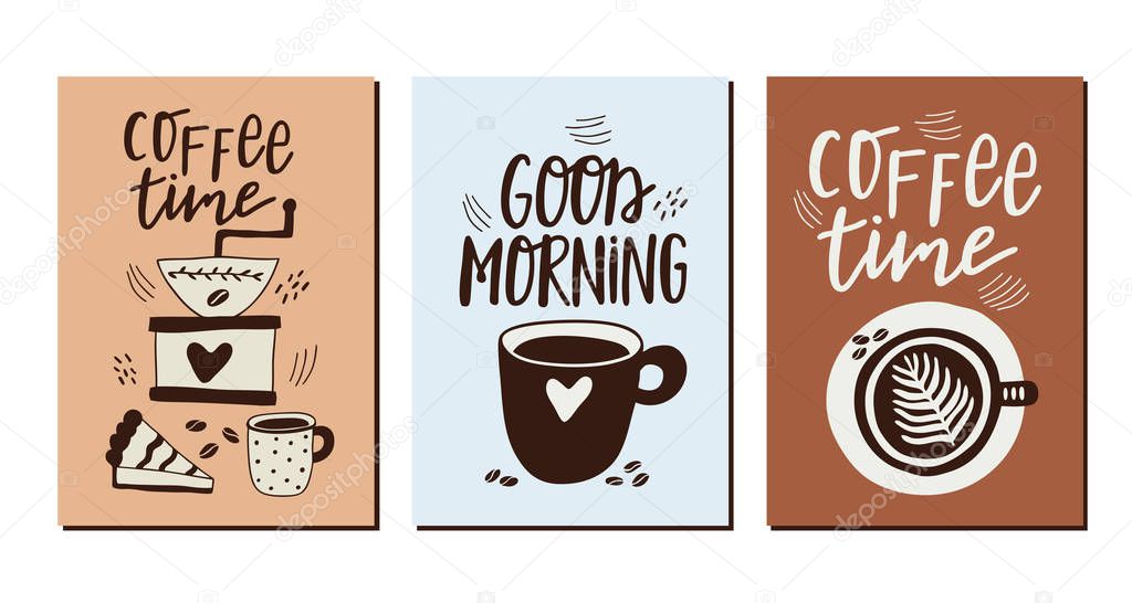 Vector set of cards with coffee. Templates with grinder, cup and cake with smear for flyers, banners, invitations, restaurant or cafe menu design.